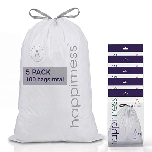 happimess 8 Gallon (30L) Drawstring Trash Bags, Unscented, Clear, Heavy Duty LDPE Liners for Kitchen and Household, Custom Fit 100 Count (5 Packs of 20 Liners) HPM3000A-C-5SET - color: Clear, size: 100 Count (Pack of 1)