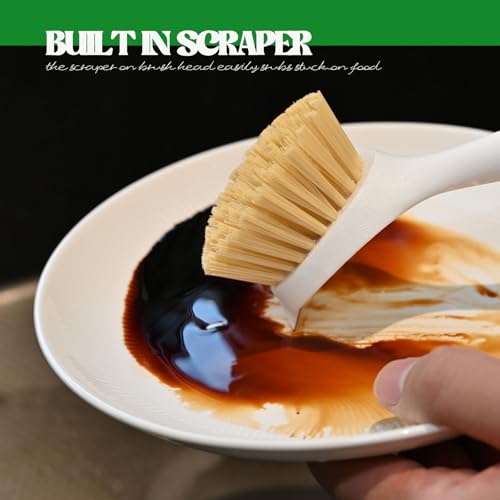 Dish Brush with Handle Wood Built-in Scraper, Scrub Brush for Pans, Pots, Saucepan, Kitchen Brushes for Sink and Stove, Yellow