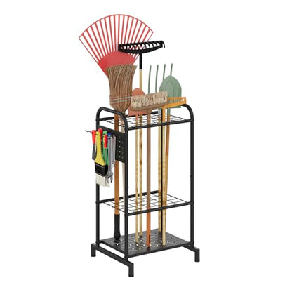 Garden Tool Organizer with Hooks Yard Tool Rack Heavy Duty Steel Yard Tool Organizer and Garden Storage Holder Broom Holder for Shed, Patio, Outdoor Indoor - style: Rack with Hooks