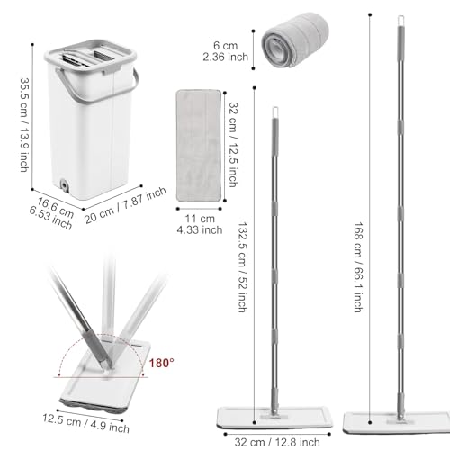 Flat Floor Mop and Bucket Set with Wringer, Flat Mops for Floor Cleaning, Wall Mop Cleaner with Long Handle, Hardwood Floor Mop with 3 Microfiber Pads (F) - size: F