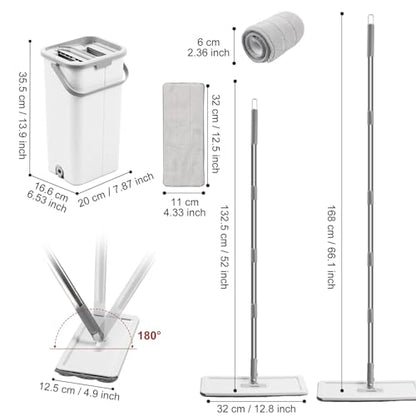 Flat Floor Mop and Bucket Set with Wringer, Flat Mops for Floor Cleaning, Wall Mop Cleaner with Long Handle, Hardwood Floor Mop with 3 Microfiber Pads (F) - size: F
