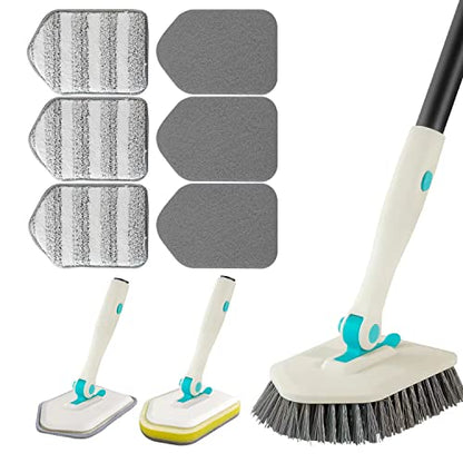 3 in 1 Scrub Cleaning Brush with Long Handle 51'' - Shower Bathtub Tub & Tile Scrubber Brush Include 1 Stiff Brush Head & 3 Scouring Pads & 3 Microfiber Clothes, for Wall Bathroom Glass Bathtub(White) - color: White