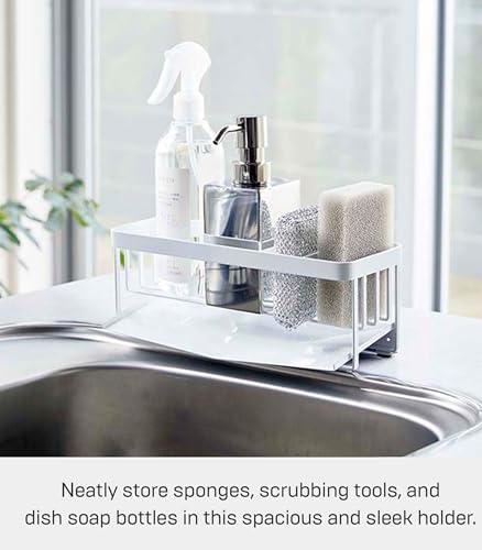 Yamazaki Home Tower Self-Draining Sponge and Soap Bottle Rack, Kitchen Sink Organizer Metal Holder with Removable Tray - Steel - color: White