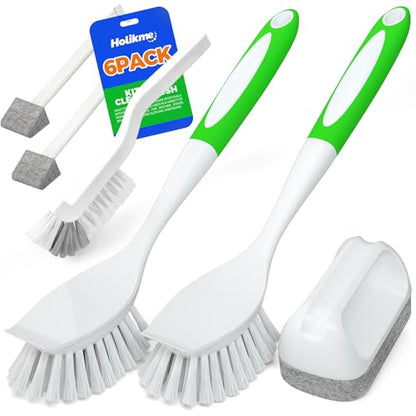 Holikme 6 Pack Dish Brush with Handle Kitchen Cleaning Brush Set for Pot, Pan, Kitchen Sink (Green) - color: Green