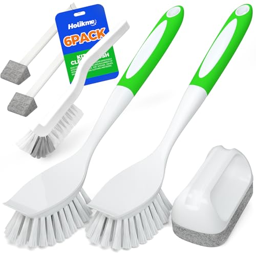 Holikme 6 Pack Dish Brush with Handle Kitchen Cleaning Brush Set for Pot, Pan, Kitchen Sink (Green) - color: Green