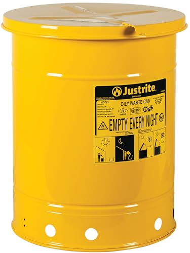 Justrite 10 Gallon Galvanized Steel Oily Waste Can, 18" x 14" Metal Oil Rag Safety Can with Hand Operated Self-Closing Lid for Oil Rag Disposal, Made in The USA, Yellow, 09311 - color: Yellow, size: 10 Gallon, style: Hand-Operated Lid