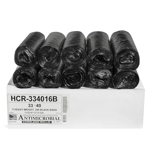 Aluf Plastics High Density Trash Bags, 33 Gallon, 250 Count, 16 Micron (eq), 33" x 40", Black, for Bathroom, Office, Industrial, Commercial, Janitorial, Municipal, Recycling - color: Black, style: 33 Gal, 16 Micron Equiv, 250 Count