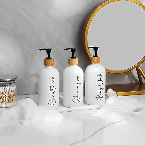 Glass Shampoo and Conditioner Pump Bottles Soap Dispenser Bamboo Pump Head Empty Glass Refillable Shampoo Conditioner Body Wash Soap Bottles for Bathroom, 17 oz, 3 Pack, White - color: White, size: Shampoo + Conditioner