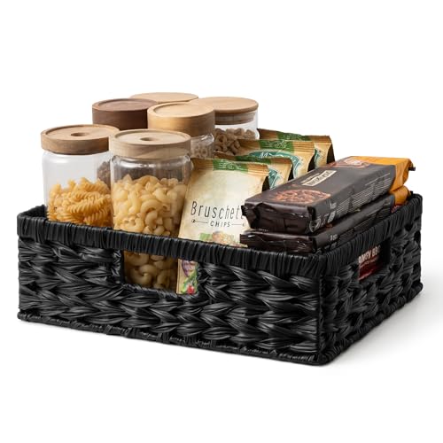 GRANNY SAYS Wicker Storage Baskets for Shelves, Wicker Basket for Organizing, Shallow Basket, Woven Baskets for Pantry Storage, Black, 1-Pack - color: Black, size: 15¼"L x 11¾"W x 4¾"H