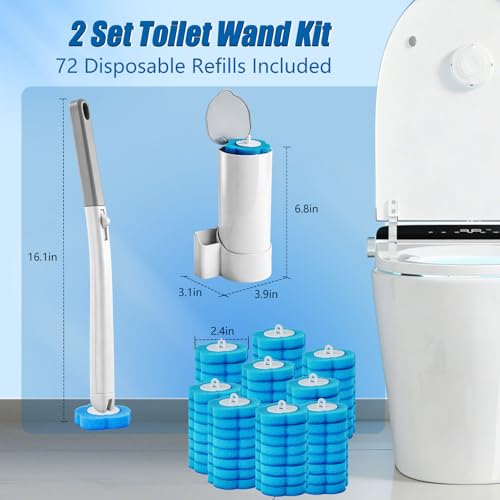 Disposable Toilet Brush and Holder Set, 2 Pack Toilet Wand Kit with 72 Refills, Wall Mounted Toilet Bowl Cleaner System Kit, Toilet Scrubber for Bathroom Cleaning Sink Bathtub - size: 2 set+72 refills