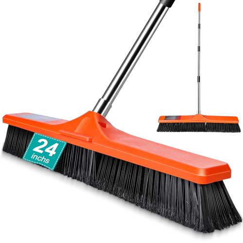 MASTERTOP 24" Yard Broom, Heavy Duty Garden Broom with Stiff Bristles, Outdoor Sweeping Brush,Push Broom for Warehouse Garden Garage Factory Patio Deck Driveways - color: Push Broom Tangerine