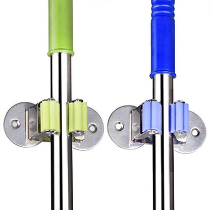 Stainless Steel Mop and Broom Holder, Dual-Purpose Wall Mounted Mop Broom Organizer with 2 Pcs 3M Self Adhesive and Double Screws,Bathroom Kitchen Organizer Rack with Spring Clip Design