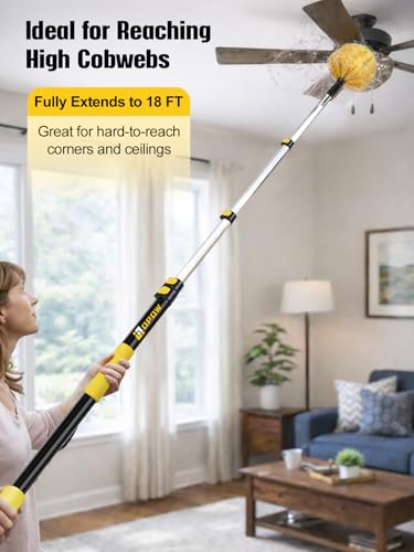 5-18ft Cobweb Duster with Extension Pole, Opow 25ft High Reach Spider Web Brush, Aluminum Telescopic Pole, Webster Duster with 2 Washable Heads and Universal Joint Angle Adaptor for Outdoor & Indoor - size: 18 feet