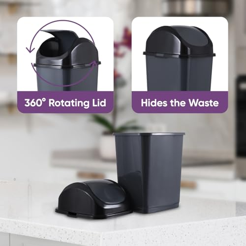 Superio Small 2.5 Gallon Plastic Trash Can with Swing Top Lid, Compact, Slim Waste Bin for Under Desk, Office, Bedroom, Bathroom, Dorm Room, 10 Qt. Portable Garbage Can (Dark Gray, 2 - size: 2.5 Gallon, style: 1 Pack