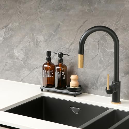 MOMEEMO Amber Glass Soap Dispenser Set Comes with Stainless Steel Pumps, Instant Dry Tray, and Dish Scrub Brush, Suitable for Soap Dispenser for Kitchen Sink. (Amber) - color: Amber1
