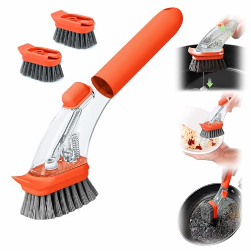 2-in-1 Soap Dispensing Dish Brush with Handle - Kitchen Scrub Brush for Easy Cleaning of Dishes, Pots, Pans, and Sinks (Green) - Efficient and Ergonomic Design Orange - color: Orange