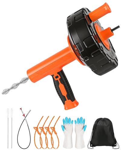 Drain Auger 25 ft, Auto Feed Plumbing Snake Hair Clog Remover with Drill Adapter, Heavy Duty Drain Cleaner Tool Kit with Gloves & Brush for Kitchen Sink Shower Bathtub Bathroom Toilet Clog Removal