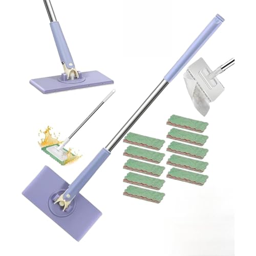 Snap Grip Mini Mop,Retractable Cleaning Tool - Zero Touch Gap & Floor Duster with 40" Handle, 10 Washable Pads for Under Furniture, Corners & Multi-Surface Dry/Wet Use (Purple - 10 Cloth)