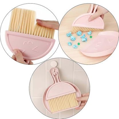 3 Pcs Mini Broom and Dustpan Set with Pink Towel, Small Brush Handheld Broom, Hangable Dustpan for Cleaning Tables, Sofas, Cars, Keyboards, Kitchen Countertops