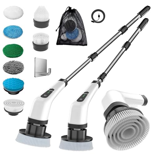 MGLSDeet Electric Spin Scrubber Scrub Brush, Rechargeable Cleaning Brush with 8 in 1 Replaceable Brush Heads, Cordless Power Spin Scrubber 90Mins for Bathroom Shower Bathtub Glass Car - color: Long White