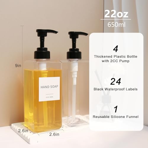 Clear Soap Dispenser with Waterproof Labels, Thickened Plastic Hand Soap Dispenser for Bathroom, Kitchen Dish Washing Liquid Bottles, Shampoo and Conditioner Bottles with Funnel (22oz 4Pack Clear) - color: 22oz 4pack Clear
