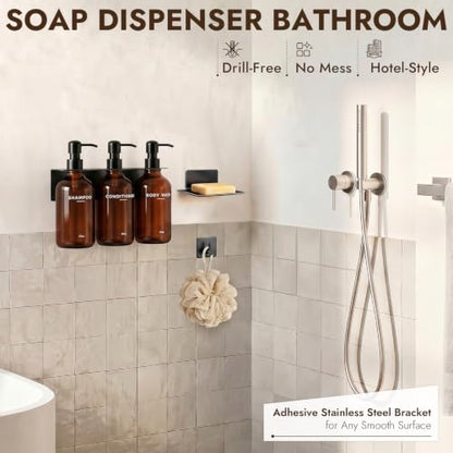 KOUCHU Shampoo and Conditioner Dispenser - Wall Mounted Shower Soap Dispenser - 17oz No-Drill Refillable Plastic Bottles with Stainless Steel Pump for Bathroom - Includes Soap Dish and Hook (Brown) - color: Brown
