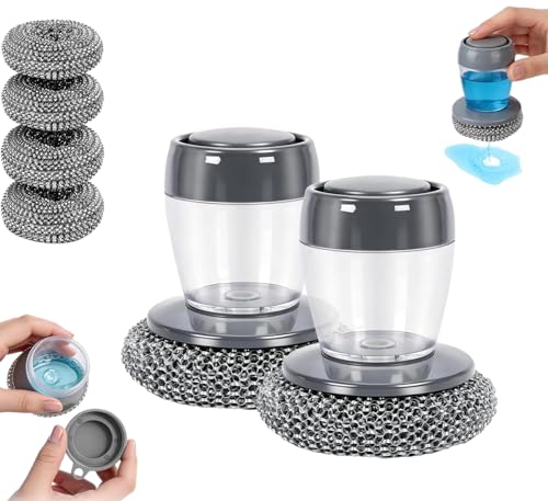Comfort Grip Soap Dispensing Kitchen Scrub, Heavy Duty Kitchen Scrub Brush with Comfort Grip, Replaceable Cleaning Balls, Non-Slip Handle for Dishes, Pots, Pans, Sinks & Countertops (2 + 4pcs Balls)
