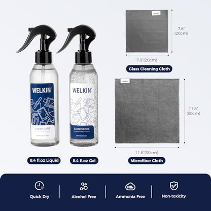 WELKIN Screen Cleaner Spray Kit (250ml + 250ml) - Cleaning Mist and Gel for TV, Laptop, Computer, Phone Touchscreen - 2 Sprayers, 1 Microfiber Cloth & 1 Glass Wipe Included - size: Gel+Mist Kit