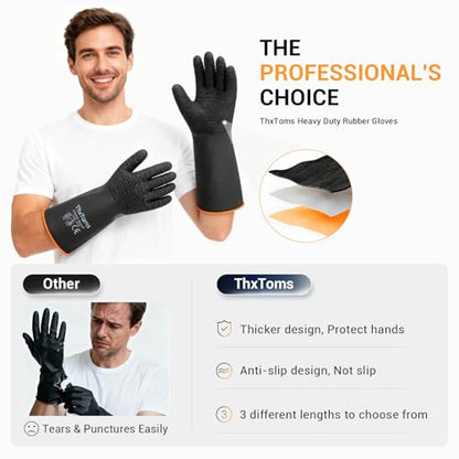 ThxToms Heavy Duty Rubber Gloves, Industrial Chemical Resistant Gloves Waterproof Reusable Protective Work Gloves for Cleaning, Dishwashing,Upgraded with Non-Slip Design, Black, 22" 1 Pair - color: 22"