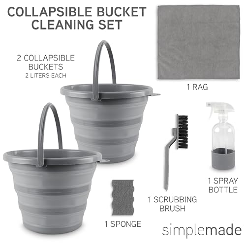 SIMPLEMADE Collapsible Bucket Cleaning Set - Includes 2 Foldable Buckets, Spray Bottle, Rag, Scrubbing Brush and Sponge - Holds Up to 10 liters, Easy Storage, All-Purpose Cleaning Solution - color: Gray