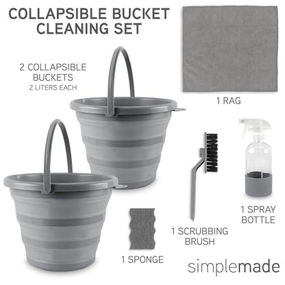 SIMPLEMADE Collapsible Bucket Cleaning Set - Includes 2 Foldable Buckets, Spray Bottle, Rag, Scrubbing Brush and Sponge - Holds Up to 10 liters, Easy Storage, All-Purpose Cleaning Solution - color: Gray