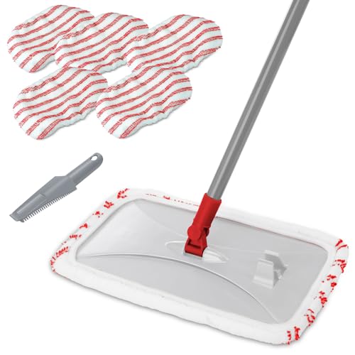 Masthome Extra Large Microfiber Mop for Floor Cleaning, 16“ Flat Mop with 5 Pad for Wet & Dry Use, Dust Mop for Hardwood Laminate Tile Ceramic, 1 Cleaning Scraper Included-Red - color: Red Extra Large