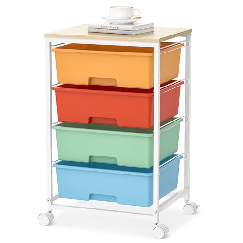 Utility-Rolling-Storage-Drawer-Craft-Cart-Organizer with 4 Drawers and Wooden Tabletop & Lockable Wheels for Home Office, Bedroom, Kids Room, Classroom, 4 Tiers Under Desk Drawer Cart, Macaron - color: Macaron