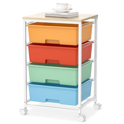 Utility-Rolling-Storage-Drawer-Craft-Cart-Organizer with 4 Drawers and Wooden Tabletop & Lockable Wheels for Home Office, Bedroom, Kids Room, Classroom, 4 Tiers Under Desk Drawer Cart, Macaron - color: Macaron