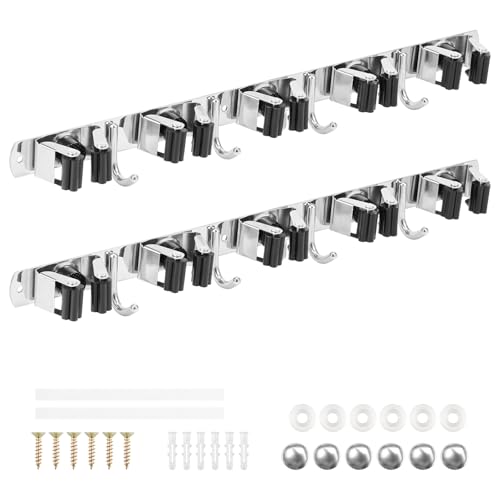 2 Pack Broom Holder Wall Mount 5 Racks 4 Hooks Stainless Steel Broom Mop Holder Anti Slip Storage Rack Strong Load Bearing Waterproof Broom and Mop Organizer Wall Hanging for Bathroom Kitchen Garage