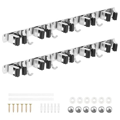 2 Pack Broom Holder Wall Mount 5 Racks 4 Hooks Stainless Steel Broom Mop Holder Anti Slip Storage Rack Strong Load Bearing Waterproof Broom and Mop Organizer Wall Hanging for Bathroom Kitchen Garage