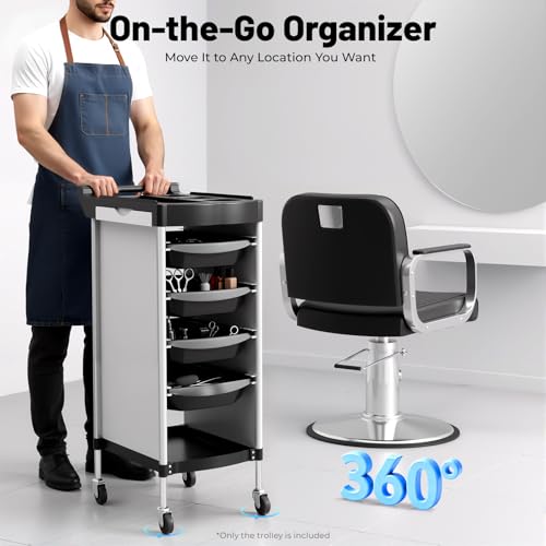 Salon Trolley Cart with Wheels, 6-Tier Beauty S-alon Cart with 4 Drawers, Space-Saving Rolling Salon Versatile Utility Cart, Open Top Floor, 110.23lbs Load-Bearing, Retractable Trays (White+Black) - color: White+black