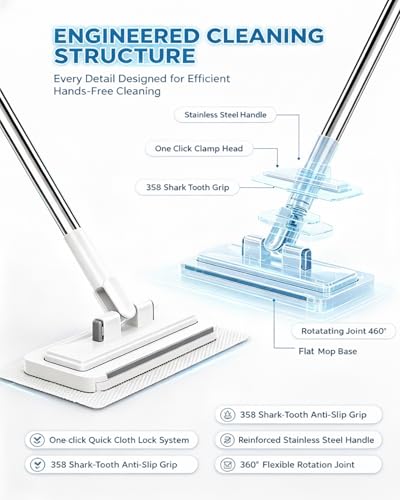 Hands Free Multi Purpose Flat Mop Using Any Cloth Floor Cleaning One Click System Convenient Changing Mini Easy Tap Snap Grip Disposable Lazy Clips Towel Fiber Lock Home Use Portable(37.40in) - color: 37.40in