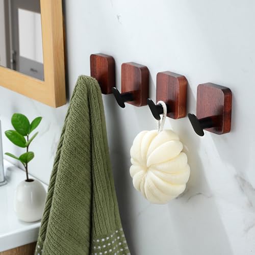 DELITON Acacia Wooden Towel Hooks Red Brown, 4 Pack Sticky Hooks for Hanging Towels, Coat, Hat, Robe, Heavy Duty, No Damage - color: Brown