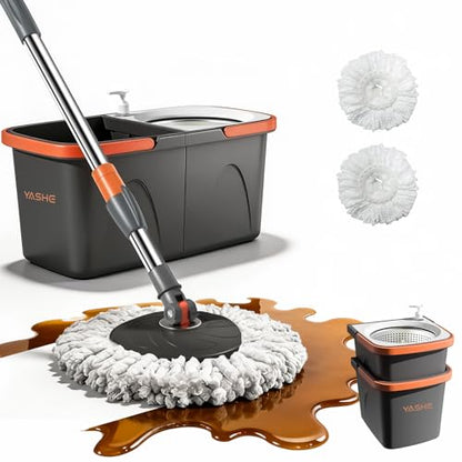 Spin Mop and Bucket Set with Wringer, Stackable Floor Mop System | Hands-Free Wringing, Stackable Storage Bucket, 360° Spin Mop Head, Washable Mop Heads