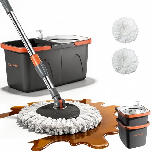 Spin Mop and Bucket Set with Wringer, Stackable Floor Mop System | Hands-Free Wringing, Stackable Storage Bucket, 360° Spin Mop Head, Washable Mop Heads