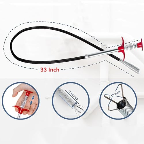 (33 inch) Drain Snake, Sink Snake Drain Tool Tools Cleaner for Toilet Sewer Shower Kitchen Bathroom Tub Clogged Drains Opener Tool, Flexible Grabber Claw Pick Up Reacher Gutter Cleaning