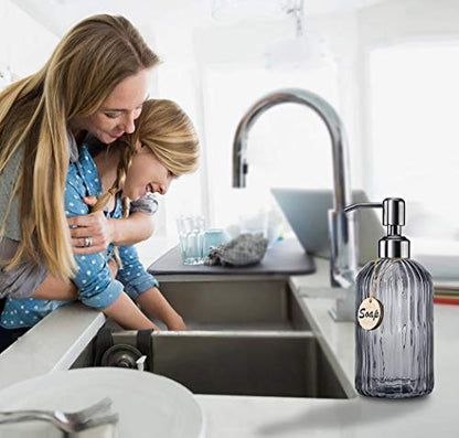 JASAI 18 Oz Vertical Stripes Kitchen Soap Dispenser with 304 Rust Proof Stainless Steel Pump, Refillable Liquid Soap Dispenser for Bathroom, Kitchen, Hand Soap, Dish Soap (Clear Grey) - color: Gray