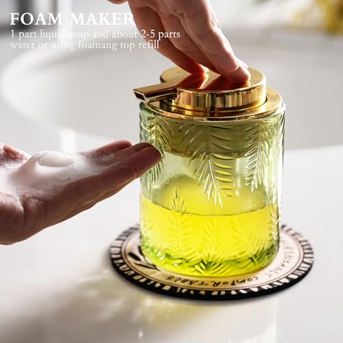 CICUFY Glass Foaming Dispenser - Refillable Lotion or Soap Dispenser for Kitchen & Bathroom, Large Gold Pump (Leaf Pattern - Green) - color: Green, style: Foam/Leaf Pattern