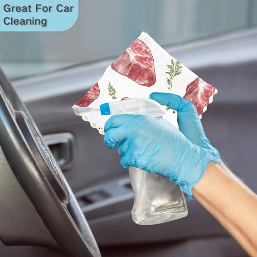 Kitchen Dish Cloths Beef Meat Steak Pattern 6 Pack Dish Towels for Drying Dishes Ultra Soft Absorbent Cleaning Towels Dish Rags, 11 X 11 Inches