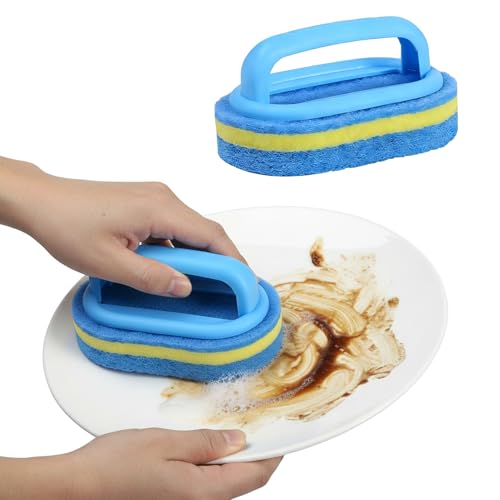 Shower Scrubber with Handle - Bathroom Cleaning Sponge Brush for Bathtub, Tile, Toilet & Kitchen Sink - Heavy Duty Scrub Pad, Ergonomic Grip, Blue (1 Pack)
