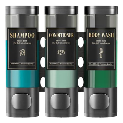 Luxspire Shampoo and Conditioner Dispenser, No Drill Wall Mounted Shower Soap Dispenser 3 Chamber with Waterproof Labels, Easy Refill Soap Dispenser for Bathroom Hotel Kitchen, Gray - color: Gray, size: 3 Chamber