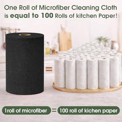 Microfiber Cleaning Cloth Roll - 100 Pack Tear Away Microfiber Paper Towels, Reusable, Washable, Scratch-Free, Kitchen Towels for Car, Home, Kitchen, Glass, Dishes (Black) - color: Black