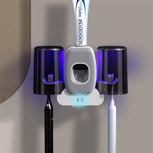 Toothbrush Holders for Bathrooms,Rechargeable Cordless Wall Mounted Tooth Brushing Holder,Electric Toothbrush Holder with 2 Cups,4 Toothbrush Slots,Toothpaste Dispenser (Grey) - color: Grey