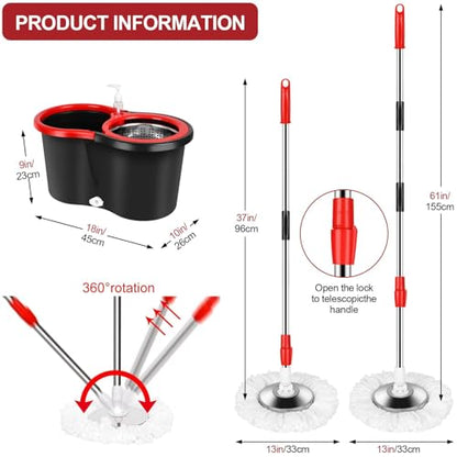 Mop Bucket with Wringer Set, 360 Rotation Mop Bucket Systerm for Floor Cleaning with 3 Microfiber Mop Head for Office and Home Use, Black (20QT) - color: Black Red